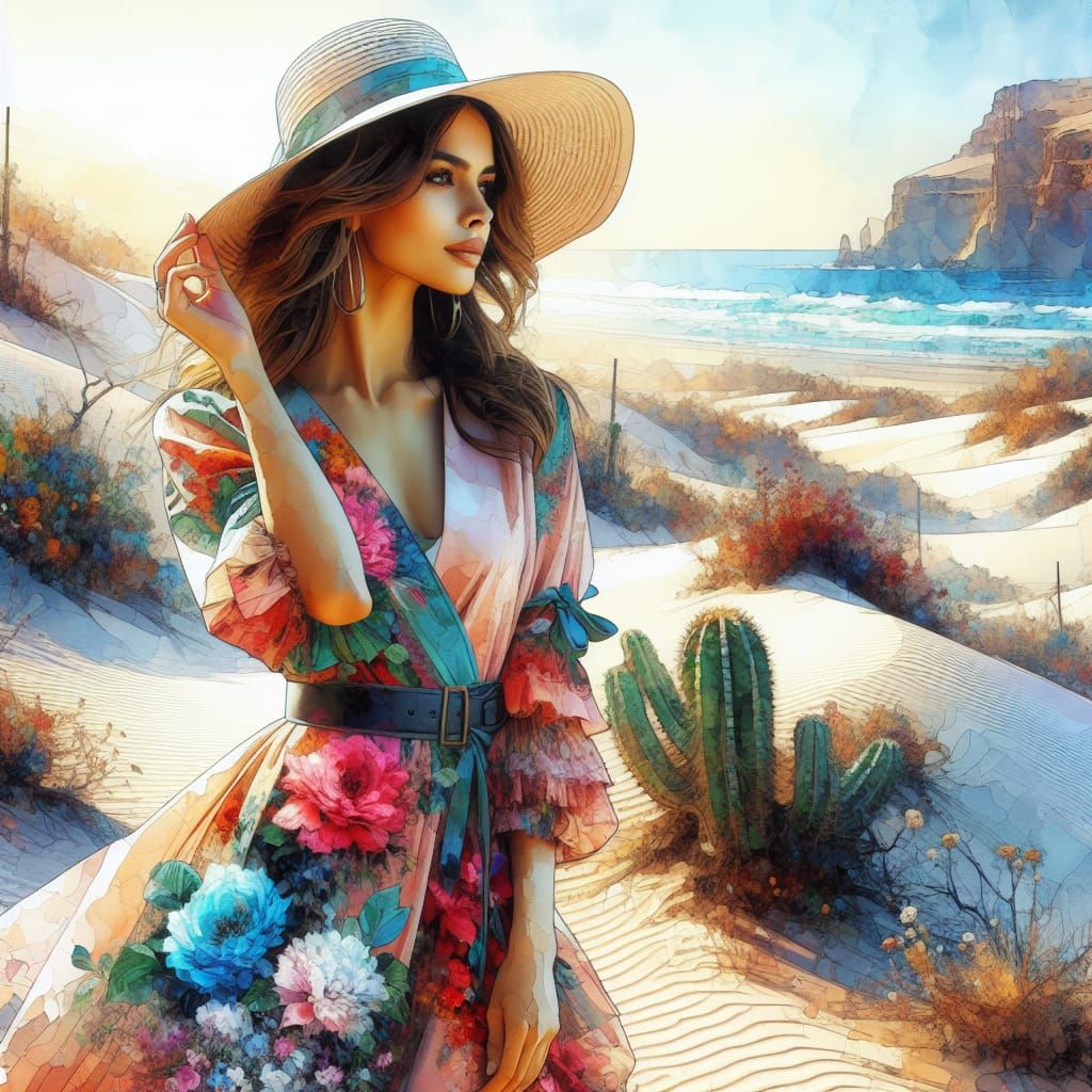 Woman in Floral Dress Gazing at Sea, Watercolor Style