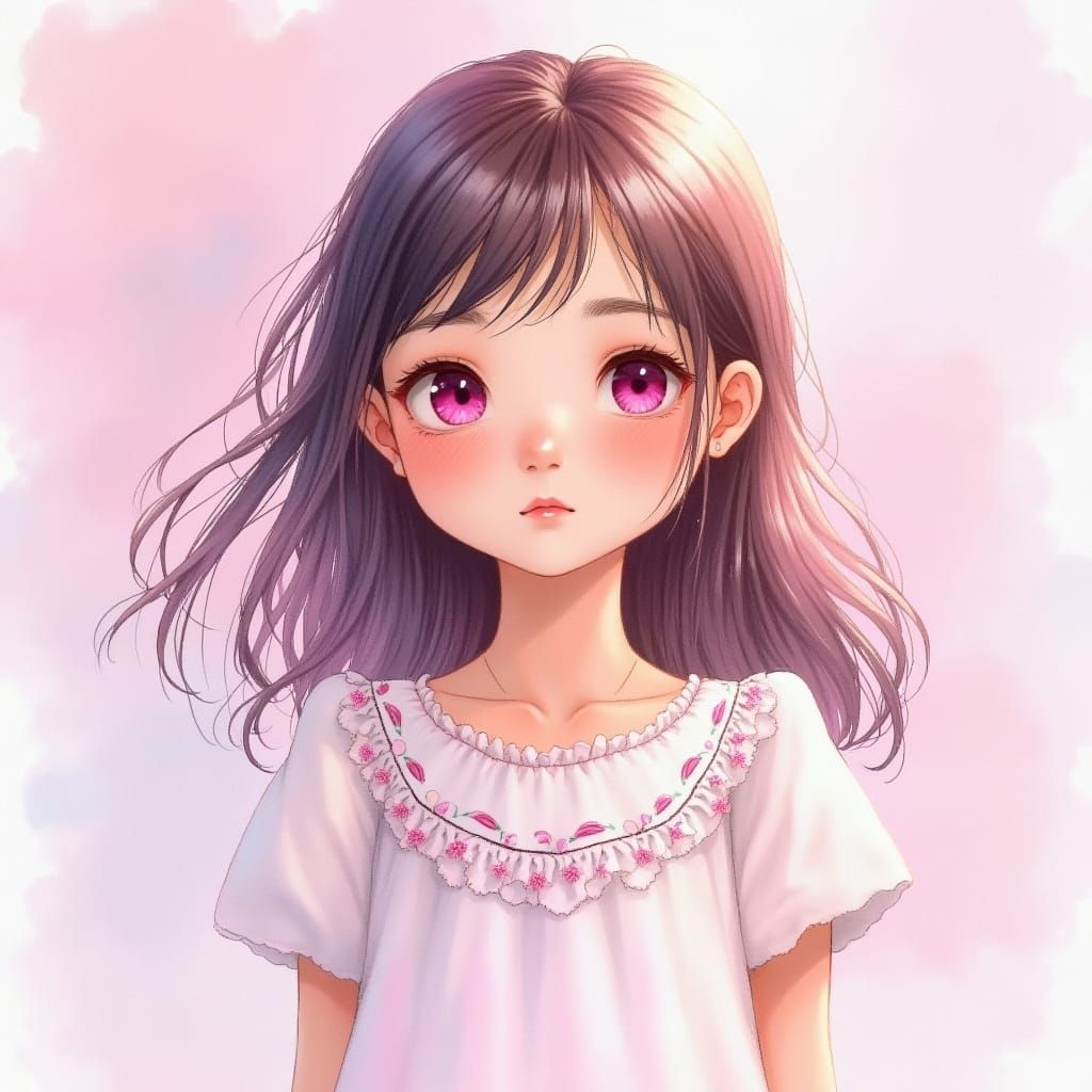 Girl With Fuchsia Eyes In Whimsical Watercolor Style