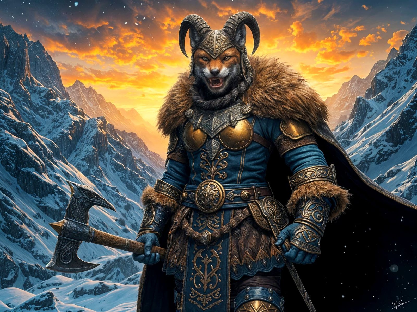 Khajit Warrior in Winter Landscape, Fantasy Oil Painting