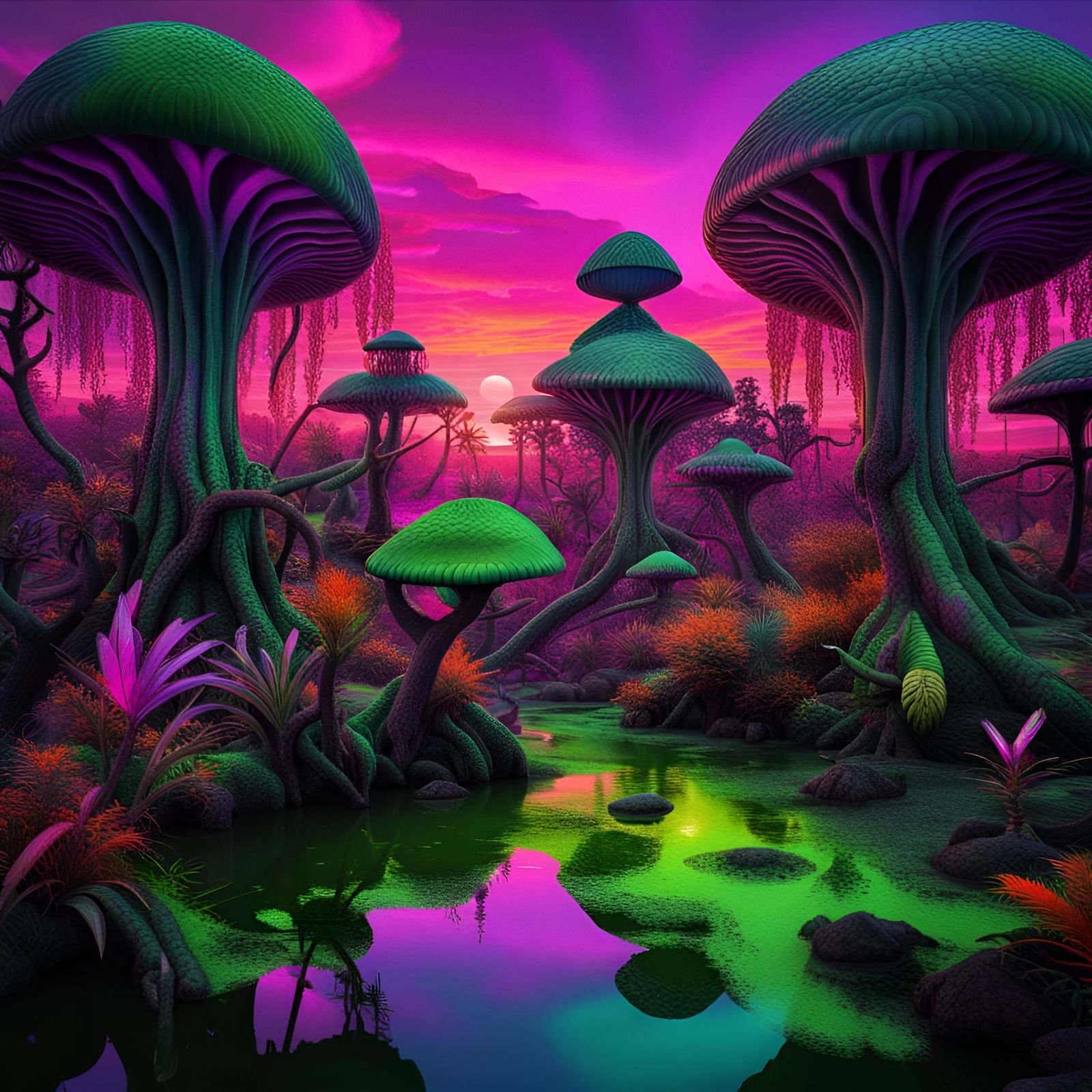 Primordial Alien Garden Under a Colorful Sky