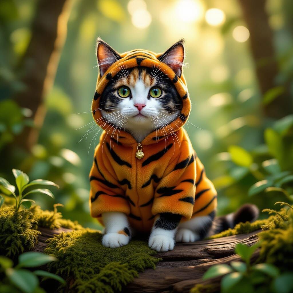 Tiny Cat in Detailed Tiger Costume in Jungle