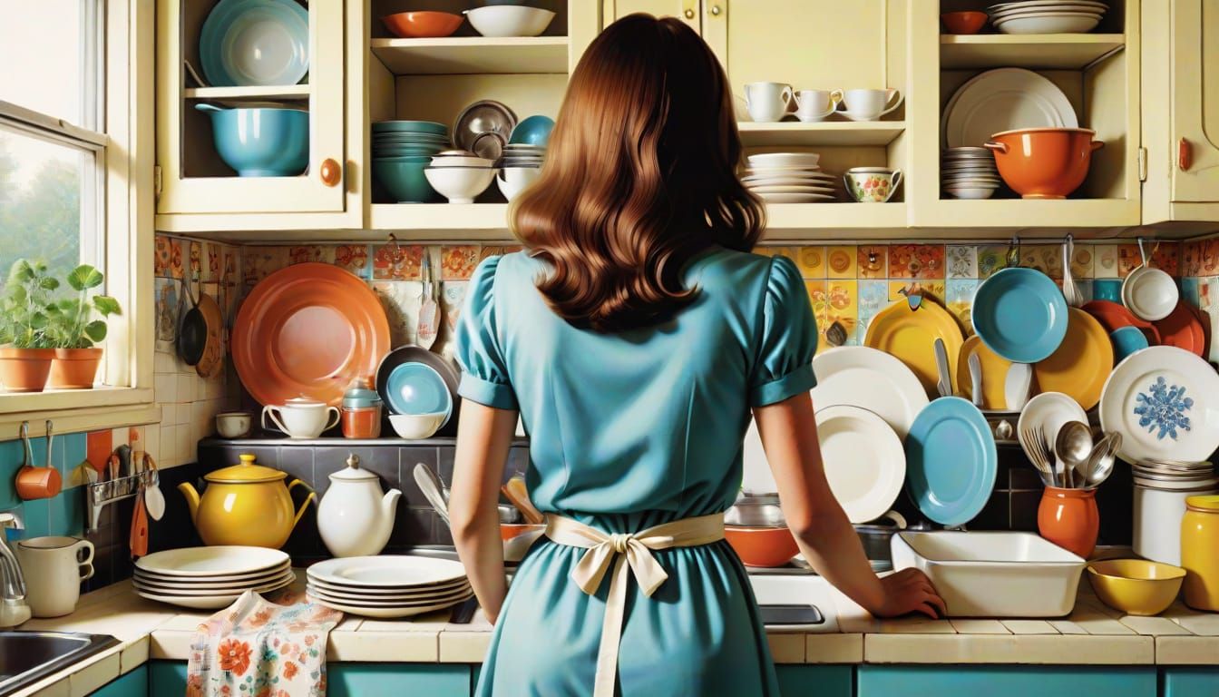 Retro Kitchen Scene: Woman Ignores Dirty Dishes