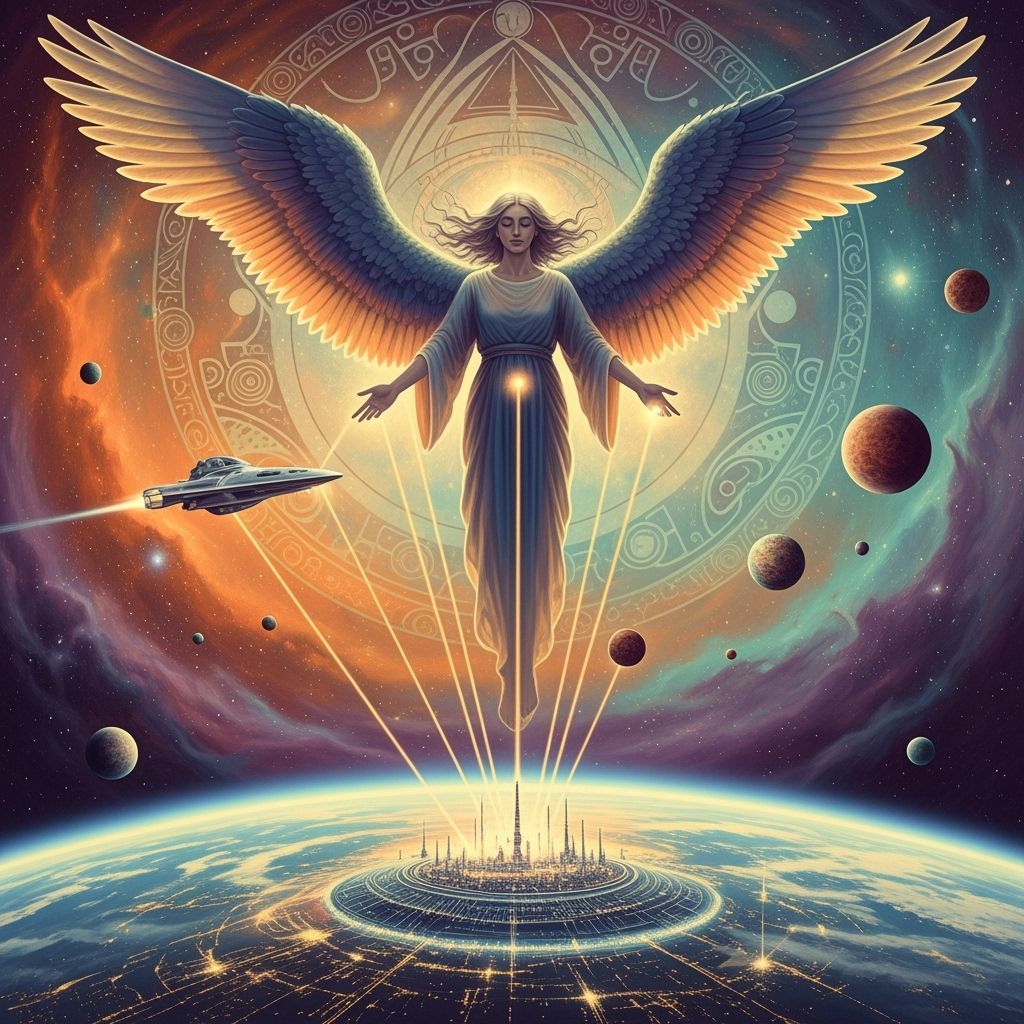 Ethereal Angel Over Futuristic Earth in Cosmic Landscape