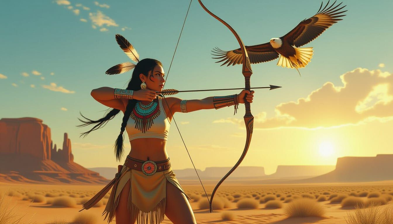 Native American Warrior in Desert Landscape, Digital Art