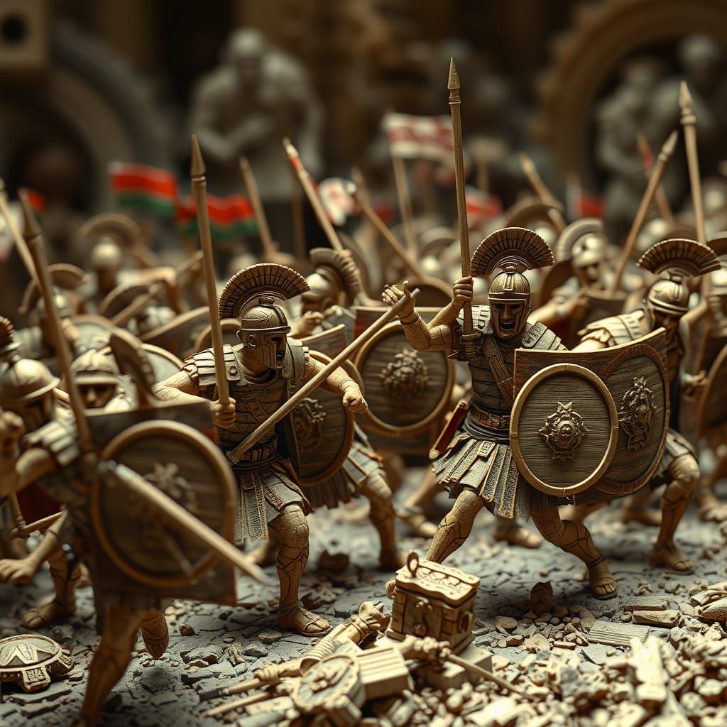 Roman Legionaries Battle Diorama, Wood Carving Style