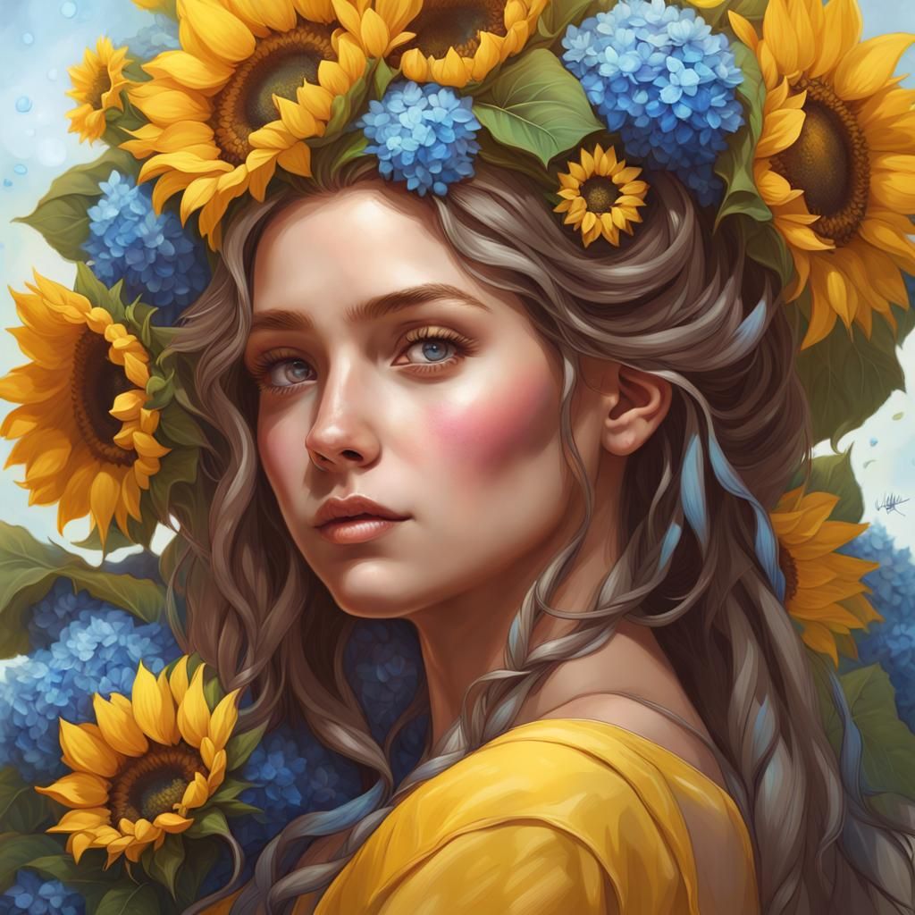 Ukrainian Teen with Sunflowers: Hyperdetailed Portrait