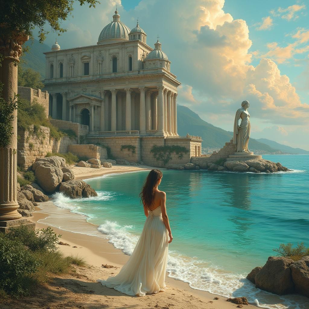 Woman at Ancient Ruins in Romantic Style