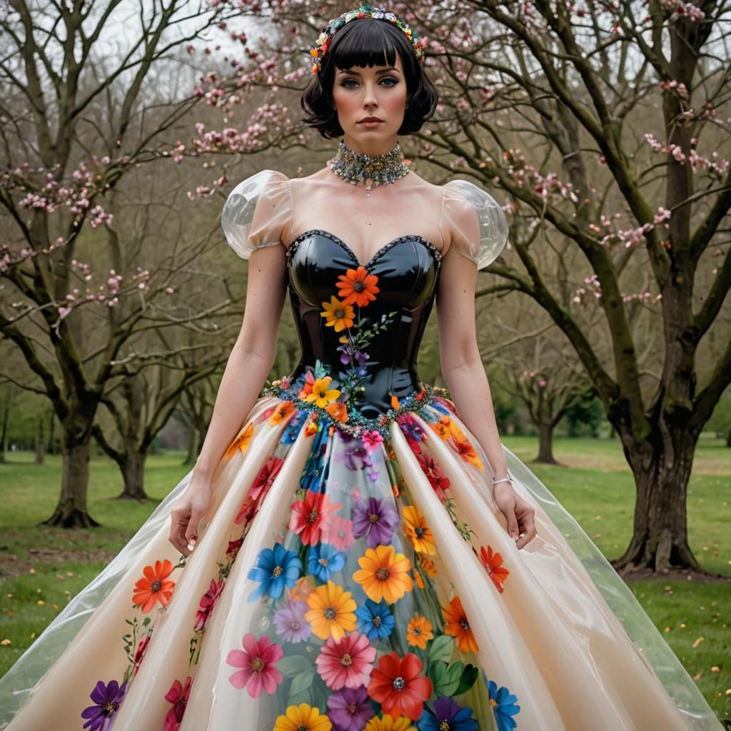 Woman in Transparent Latex Ballgown in Irish Meadow