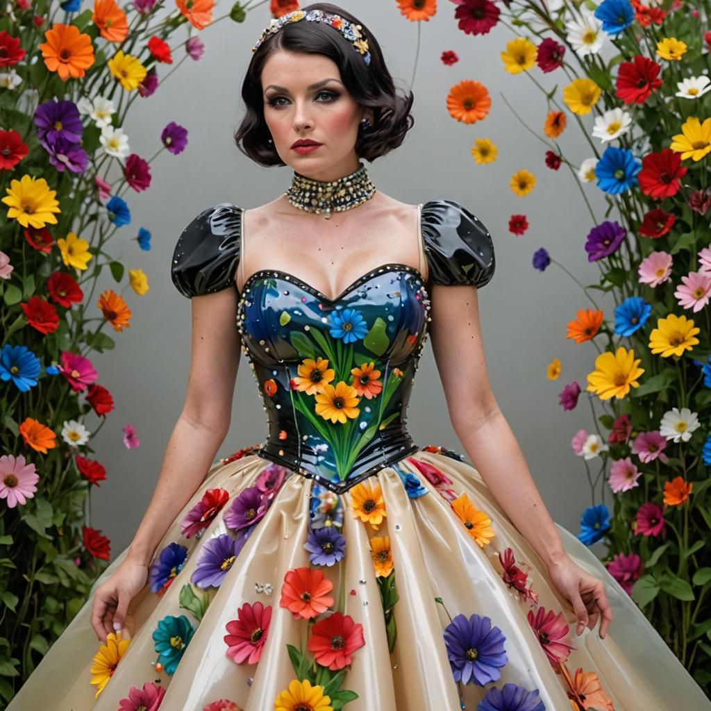 Woman in Latex Flower Dress in Irish Meadow