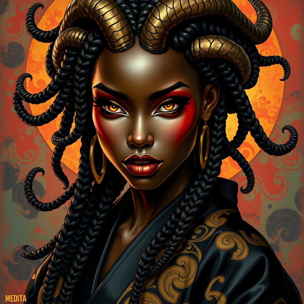 Medusa in a Black and Gold Kimono, Hyperrealistic Art