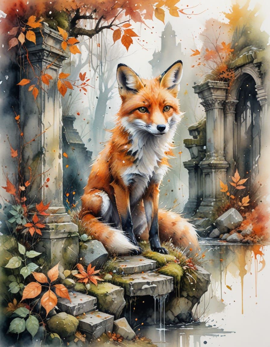 Fox in Autumn Ruins: Watercolour Painting