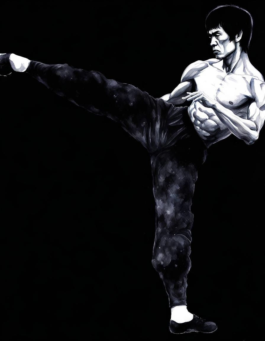 pencil drawing painted with watercolor of Kung fu genius, si...