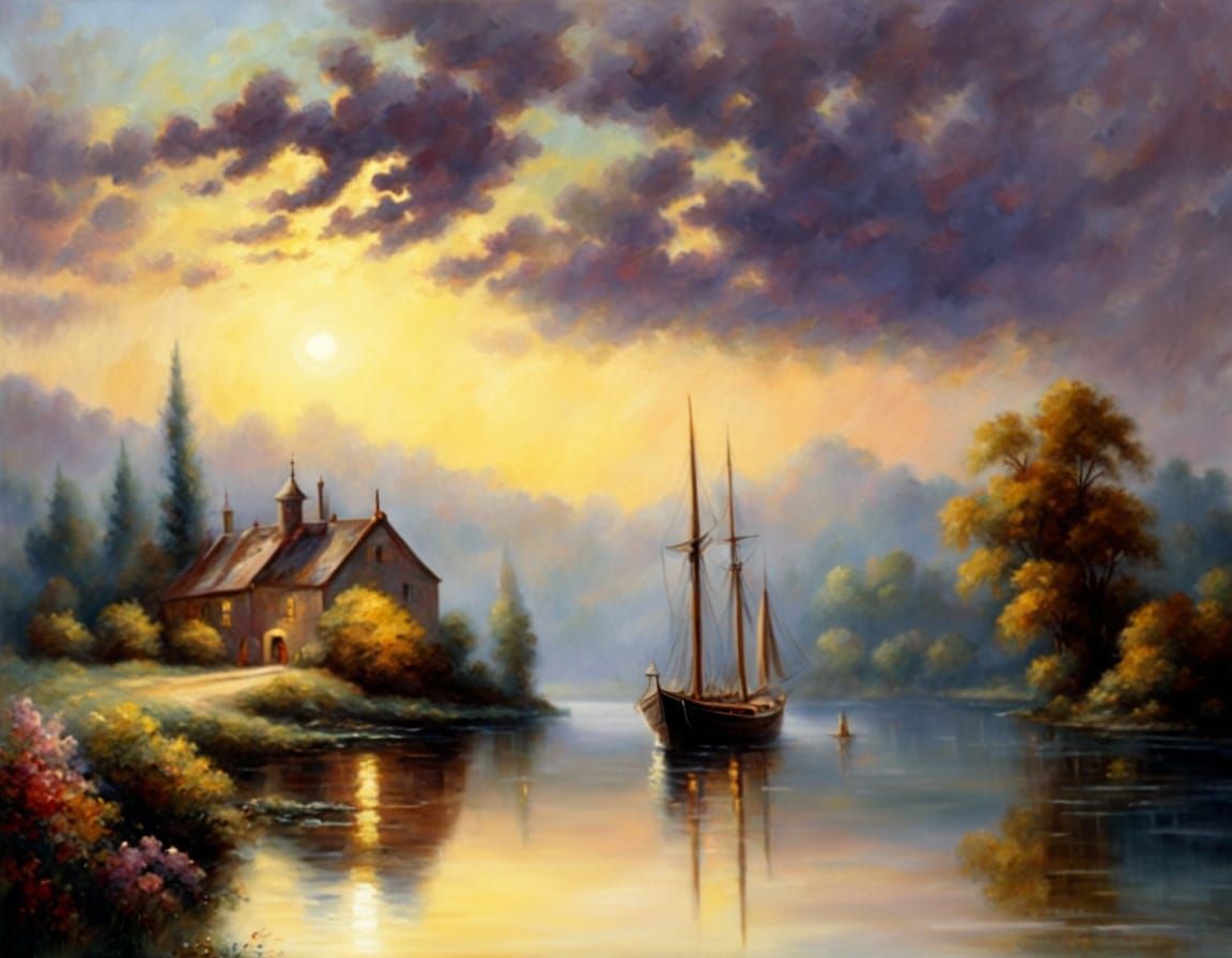 Majestic Ship at Dock: Renaissance Impressionistic Painting