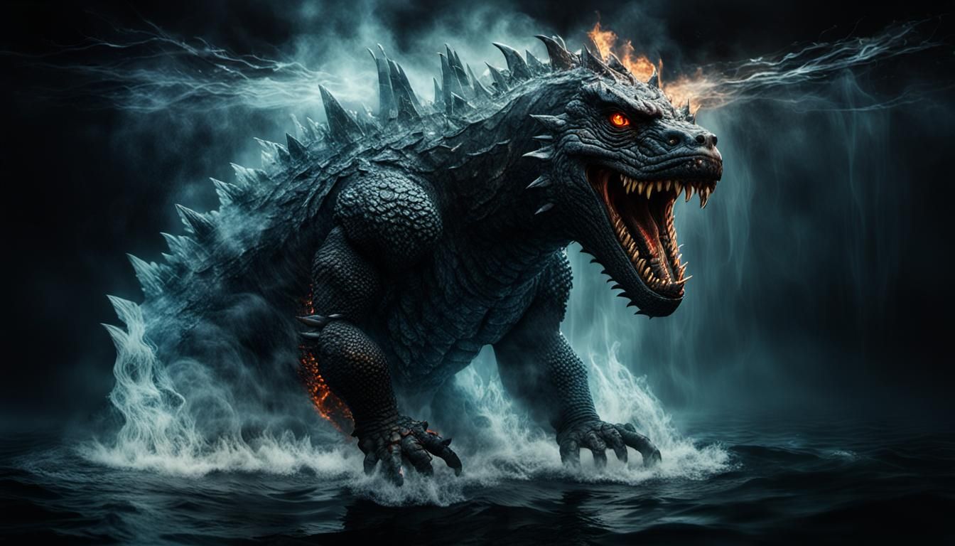 Scary Godzilla Water Beast Double Exposure Image