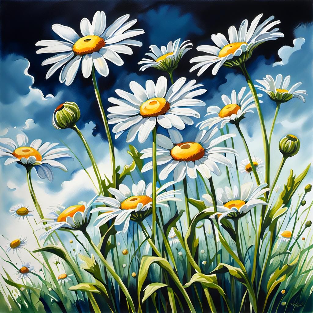 Detailed Daisies Painting with Blue Sky