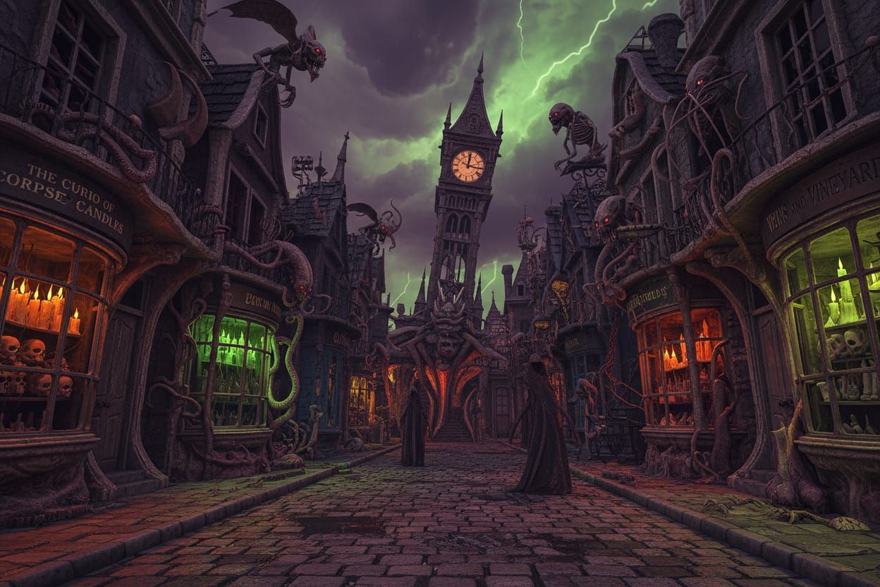 Macabre Street Scene With Sinister Shops and Creatures