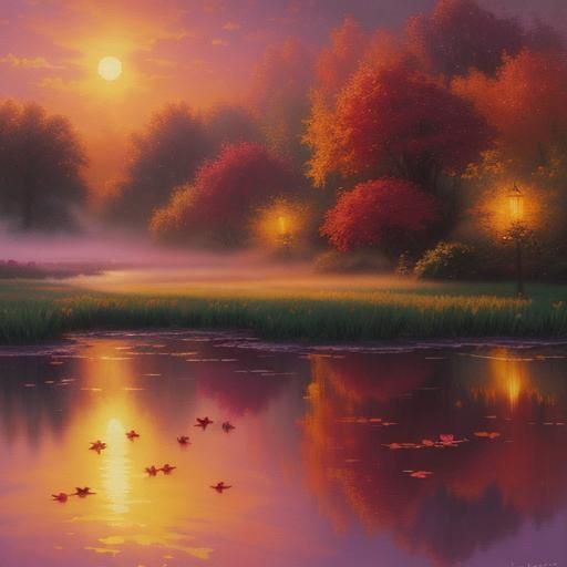 Autumnal Lily Pond Sunset in Watercolour Style