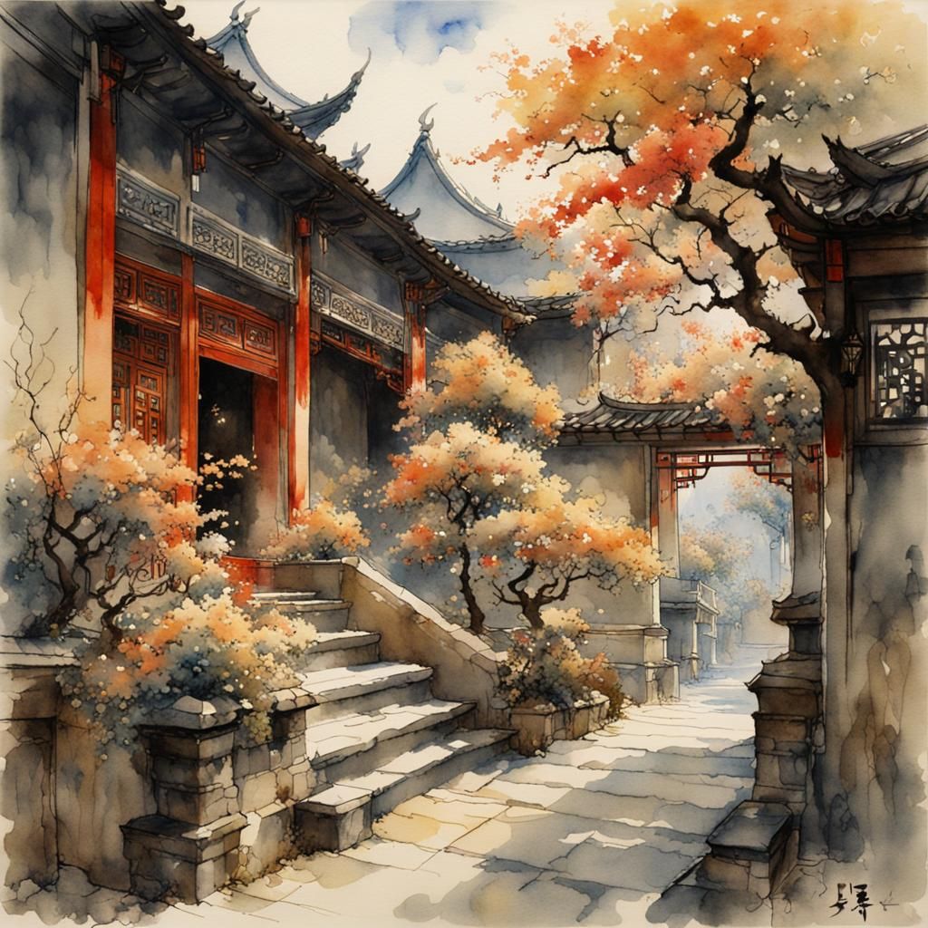 Chinese Courtyard with Flowering Trees in Watercolor