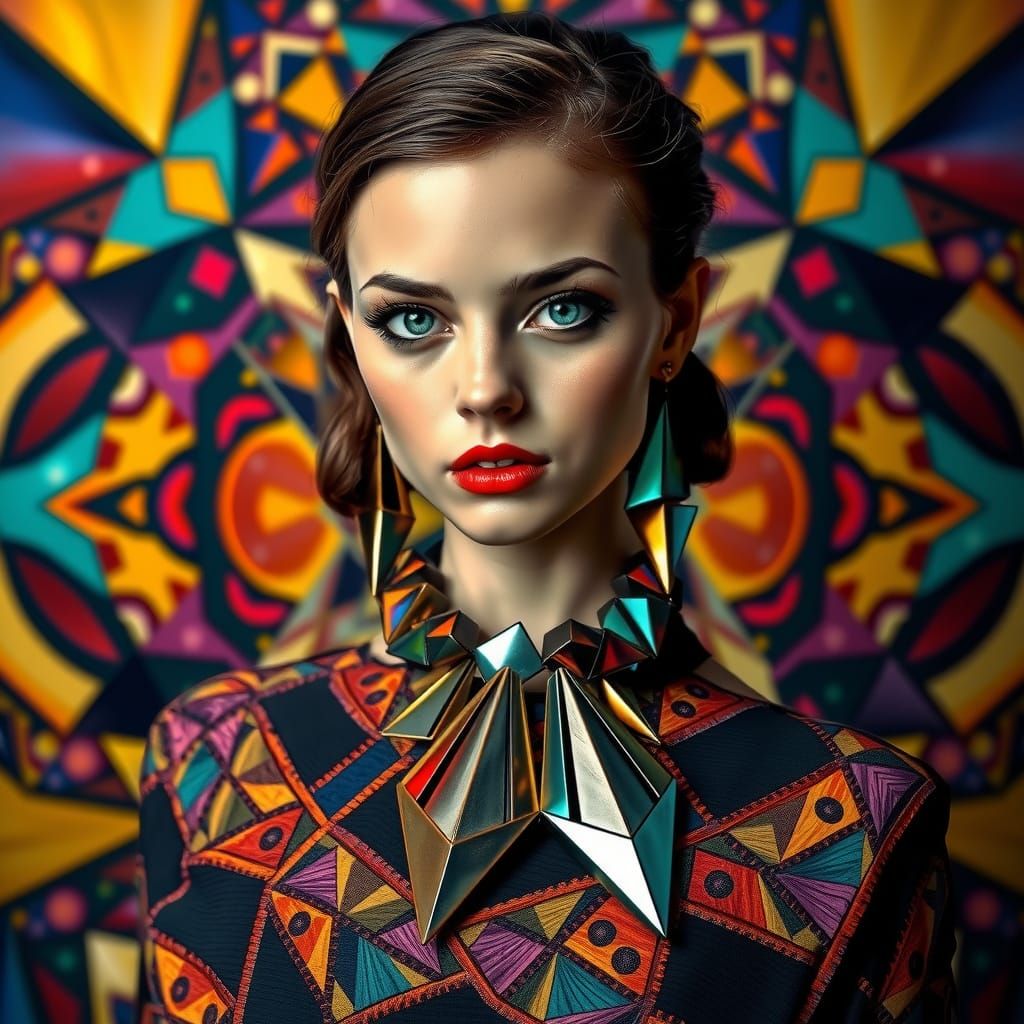 Cubist Art Deco Fusion Portrait in Vibrant Jewel Tones