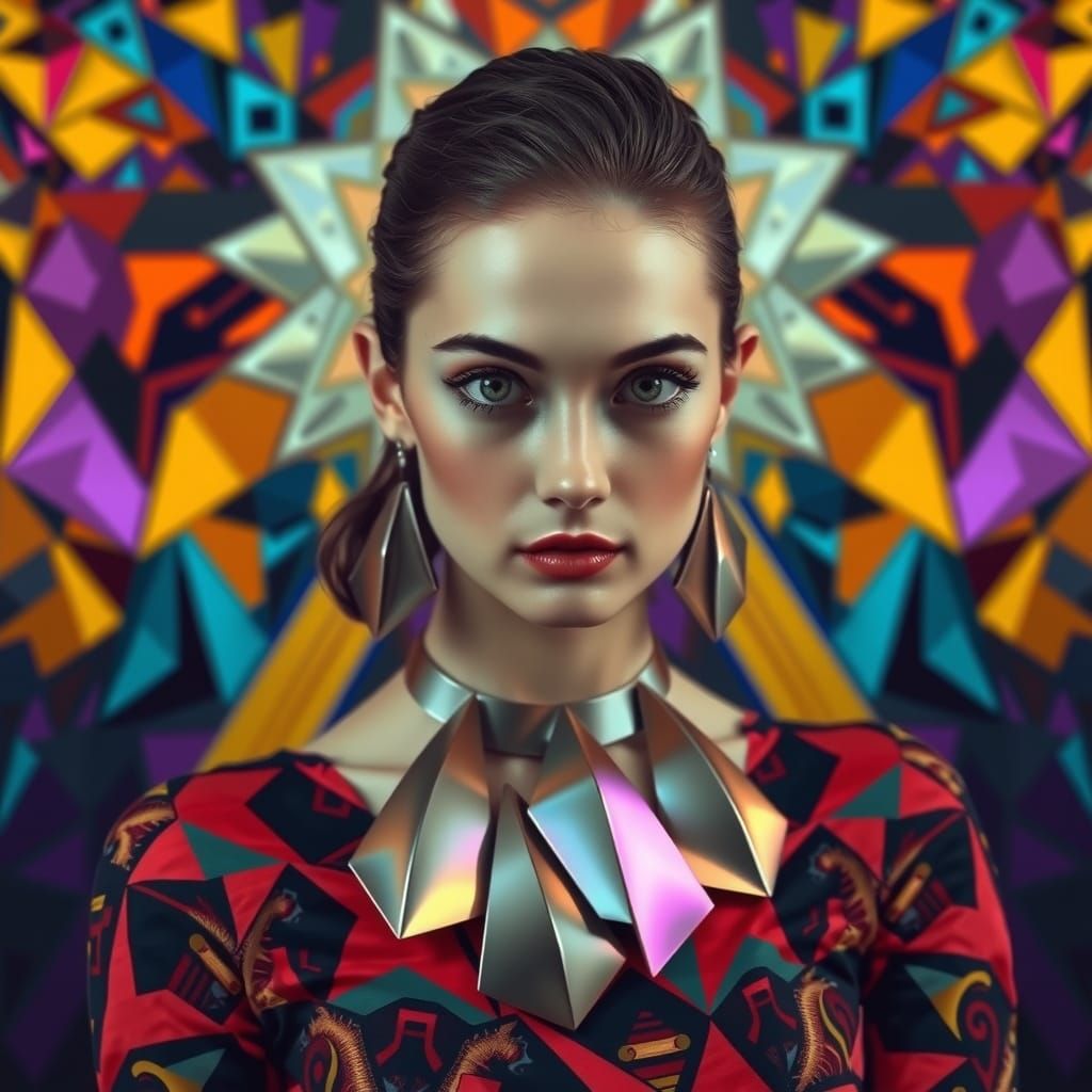 Cubist Art Deco Portrait of a Confident Young Woman