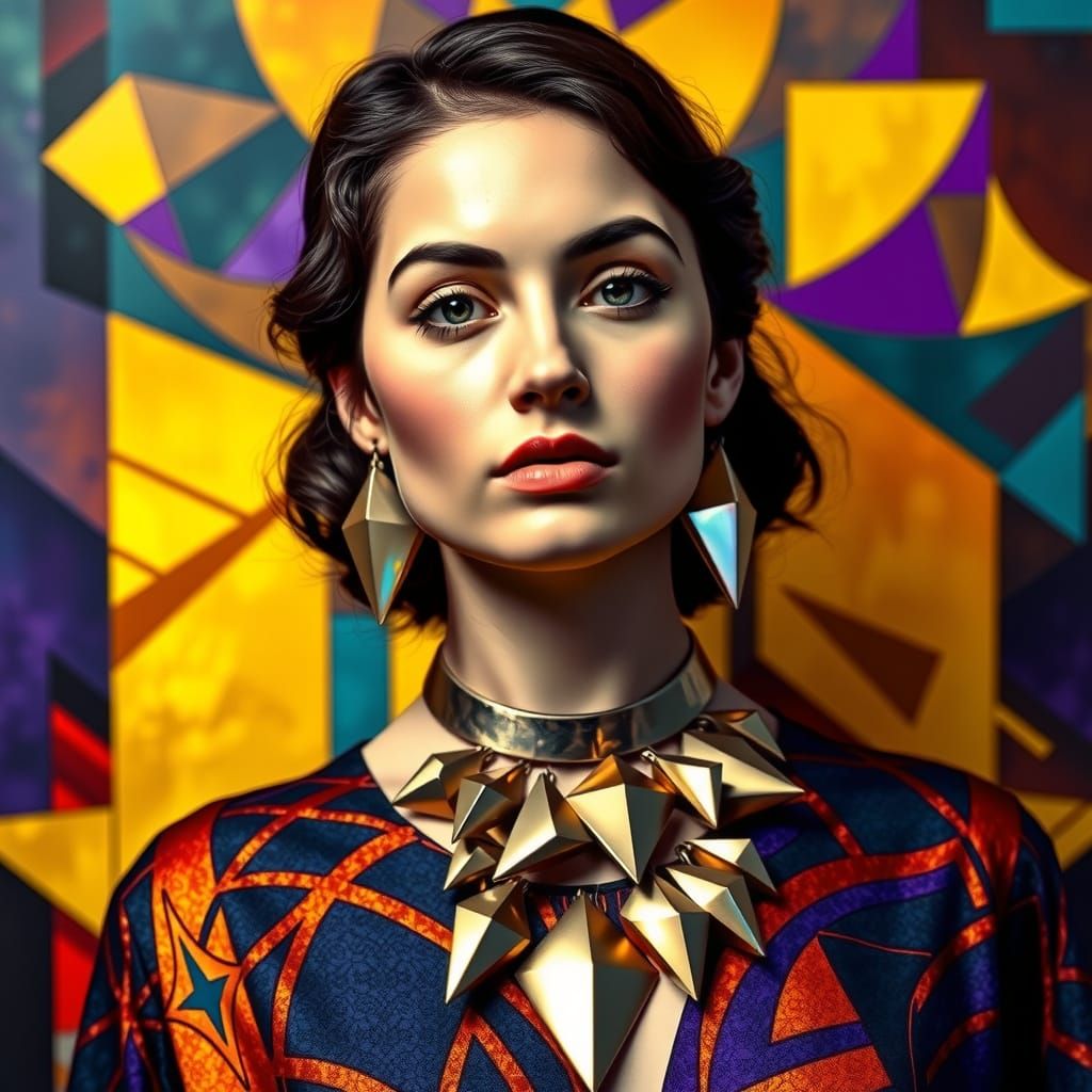 Cubist Art Deco Portrait of a Confident Young Woman