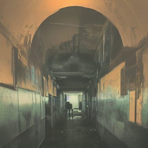 Cinematic Horror Still in Dark, Abandoned Asylum