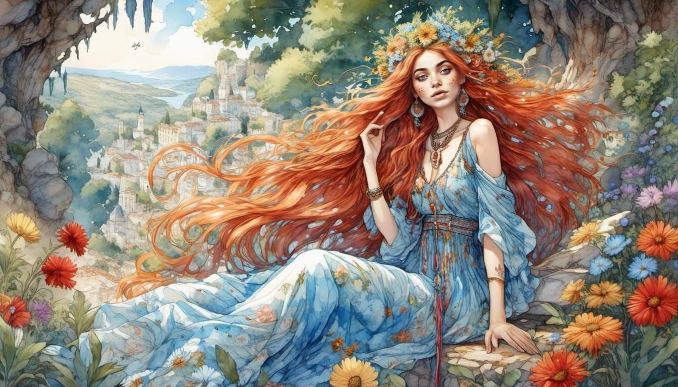 Happy Hippy Girl in Floral 3D Anime Style