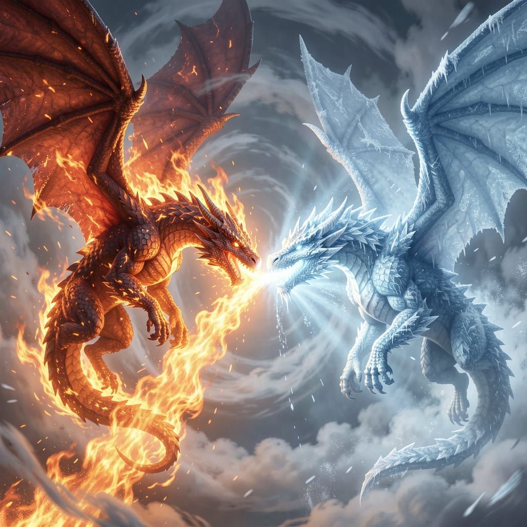 Fire and Ice Dragons Clash in Epic Fantasy Battle