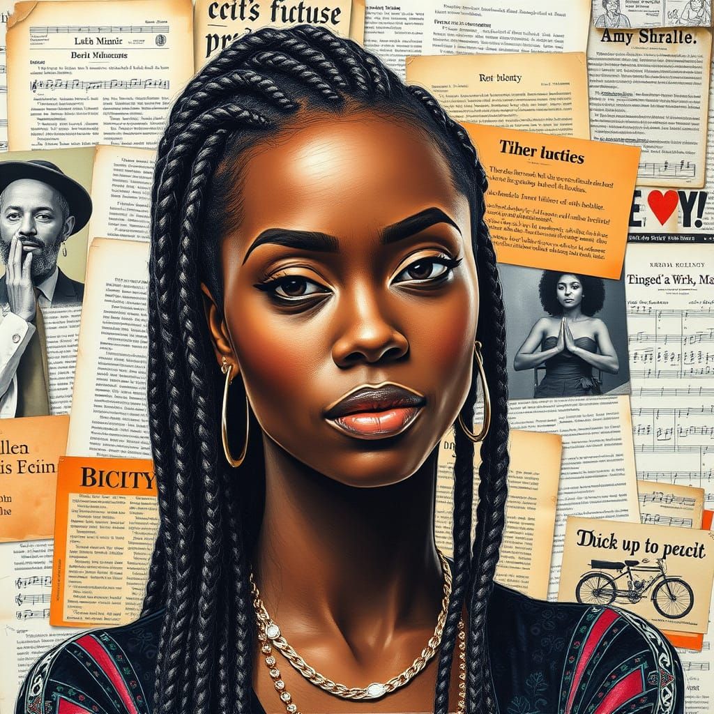 Elegant Portrait of Black Woman with Collage Background