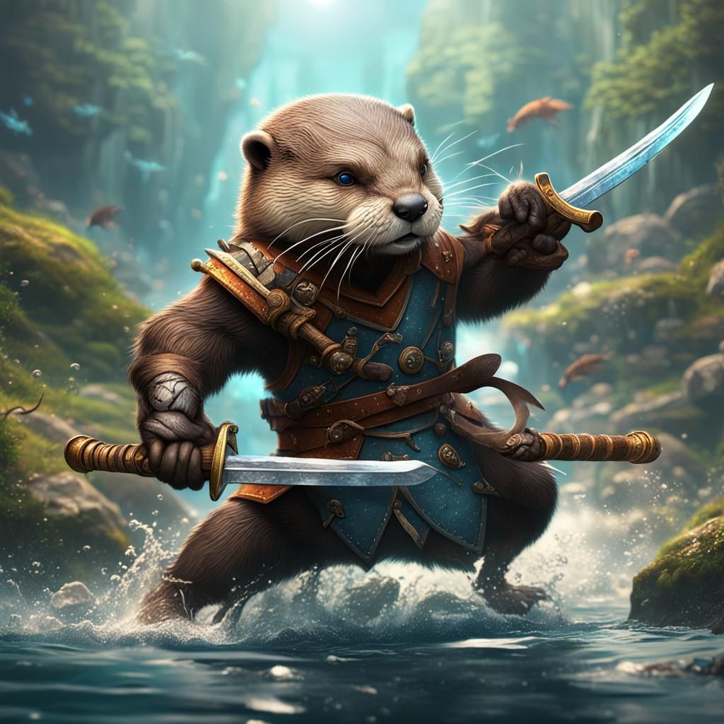 2 animals, Adorable warrior otter and beaver fighting swords