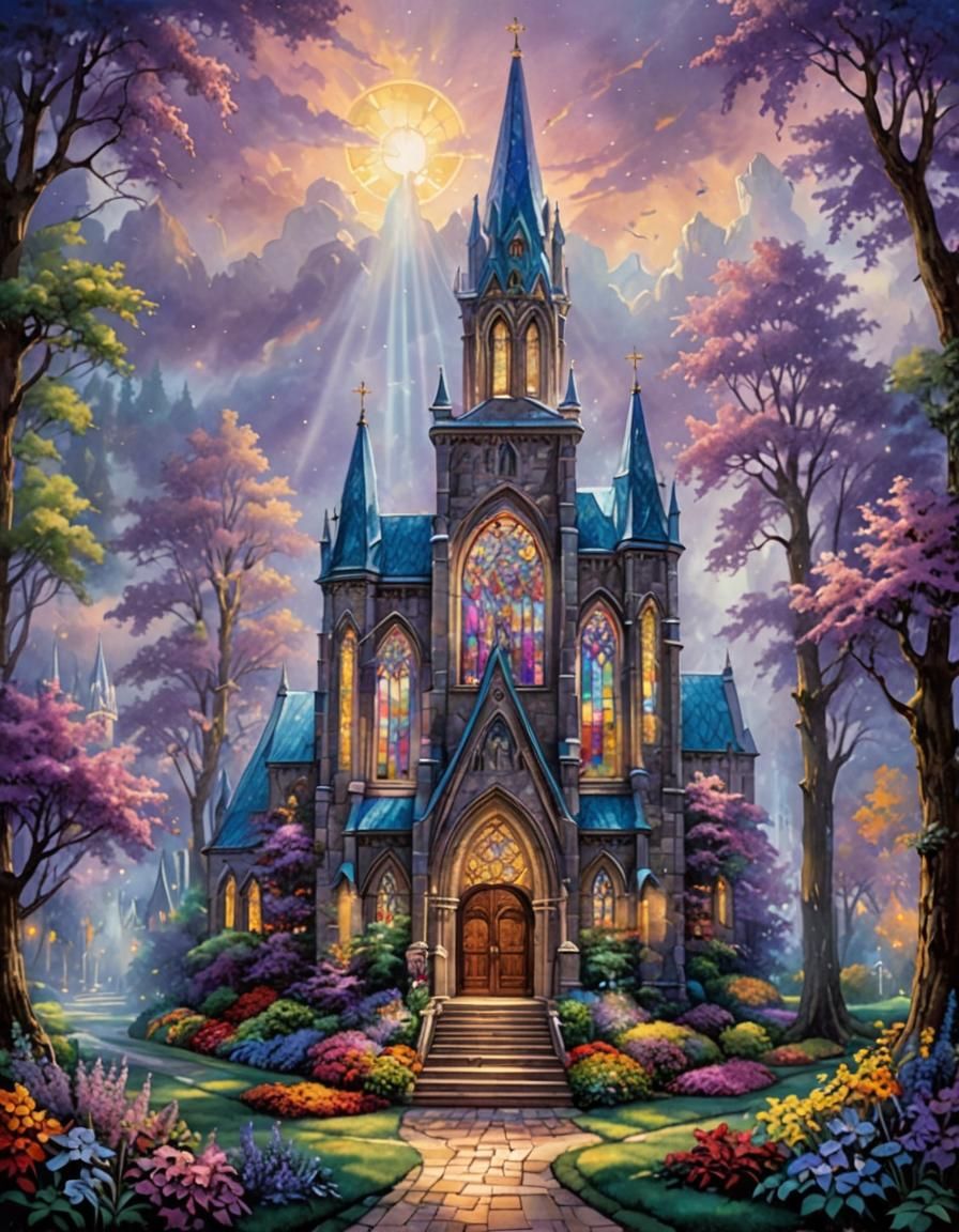 Stained Glass Cathedral with Violet Flowers
