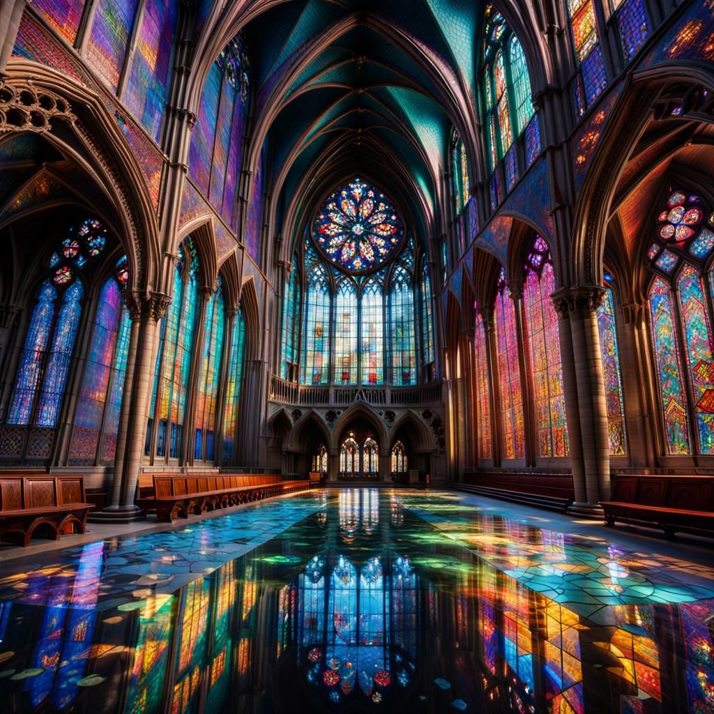 Colorful Gothic Cathedral Reflection in Water