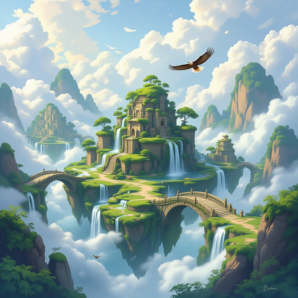 Idyllic Floating Islands with Waterfalls and Eagle