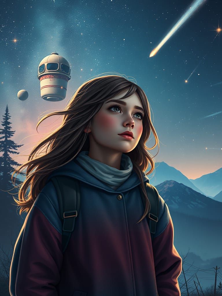 Girl Gazing at Halley's Comet: Fantasy Concept Art