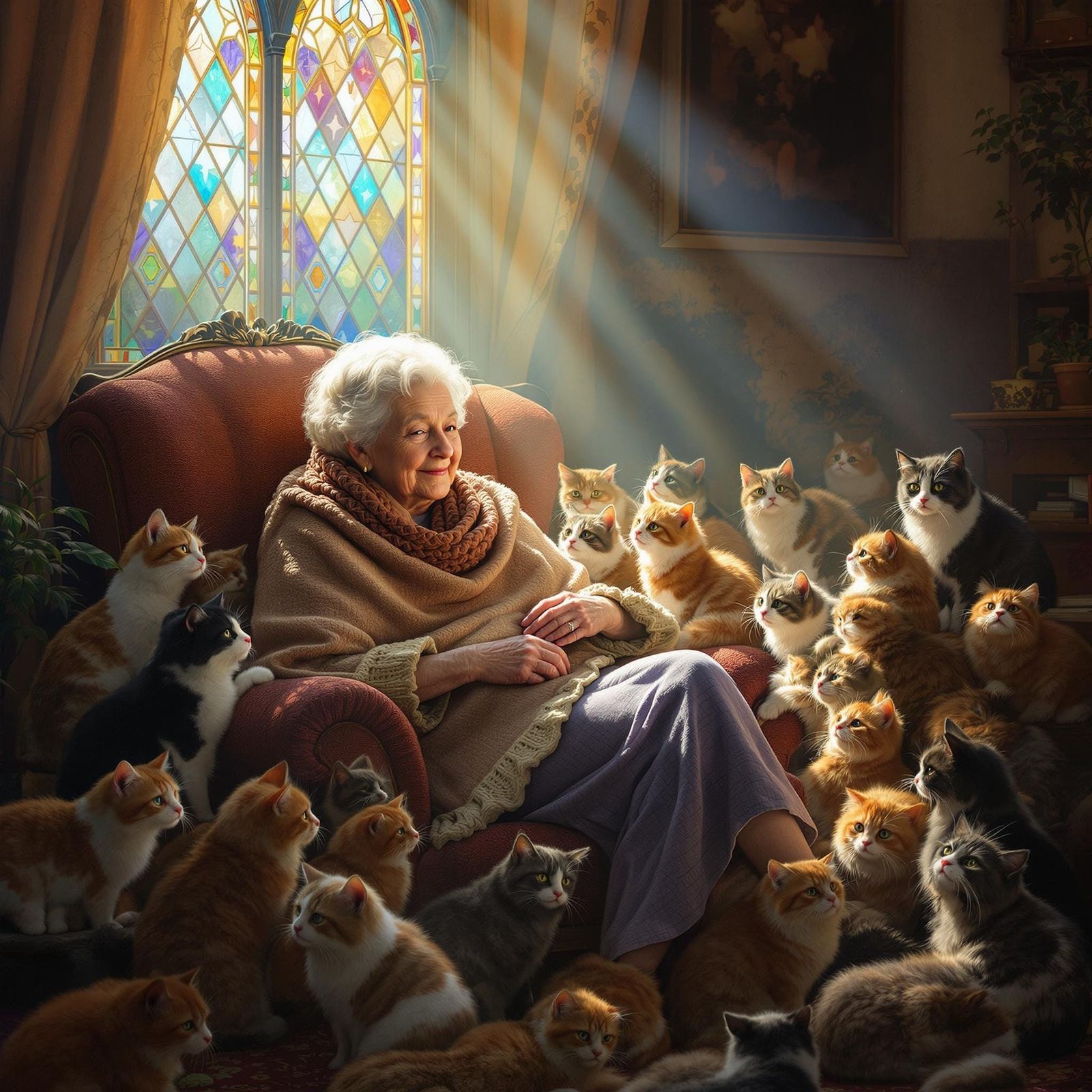 Warm Serenity of a Cat-Loving Elderly Woman