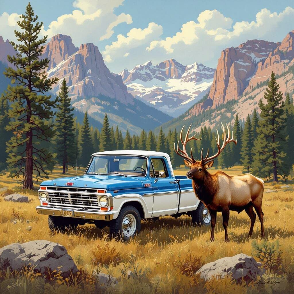 1964 Ford Pickup with Elk in Mountain Meadow