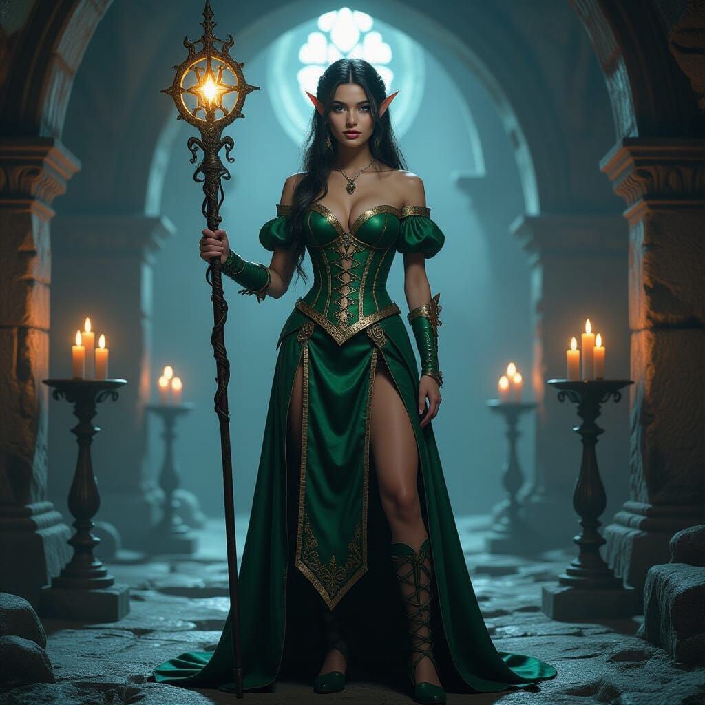 Teen Elf Woman in Runic Crypt with Candlelight