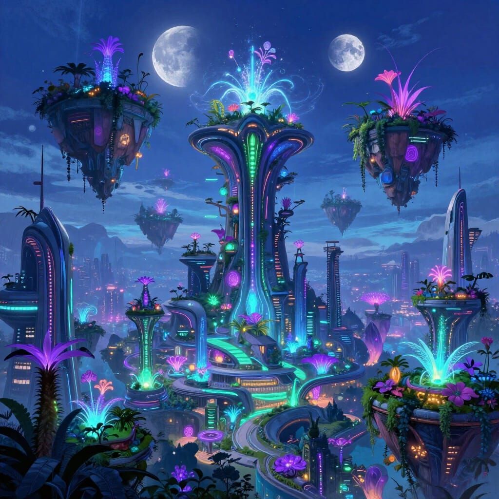 Futuristic Avatar Cityscape with Bioluminescent Flora