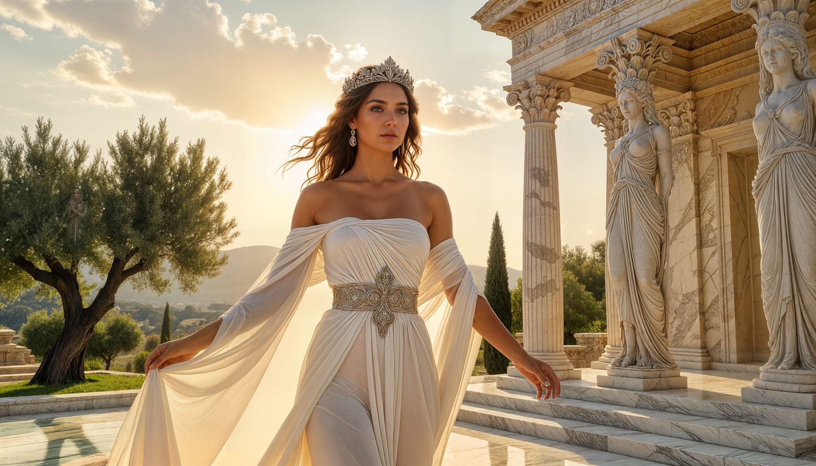 Bare-Chested Roman Goddess in Marble Temple
