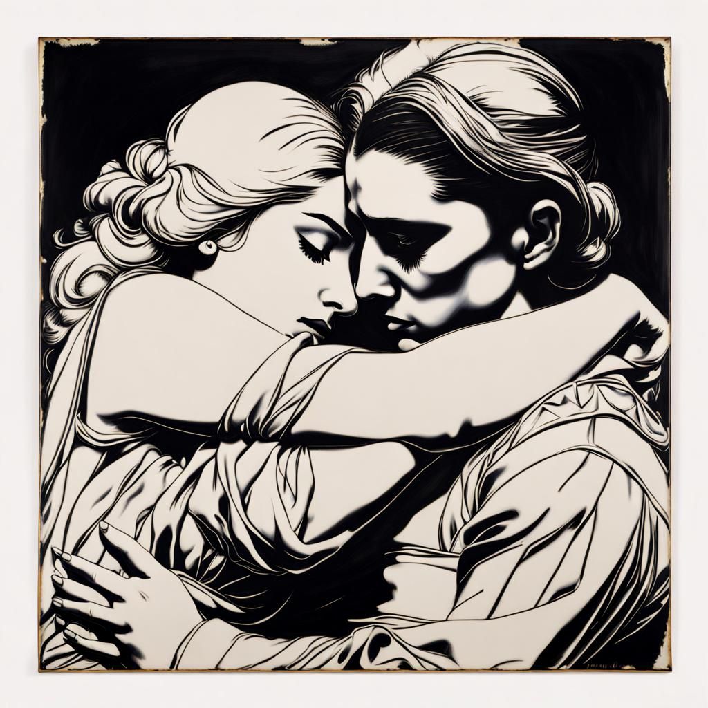 Soldier Weeping: Encaustic Silhouetted Embrace