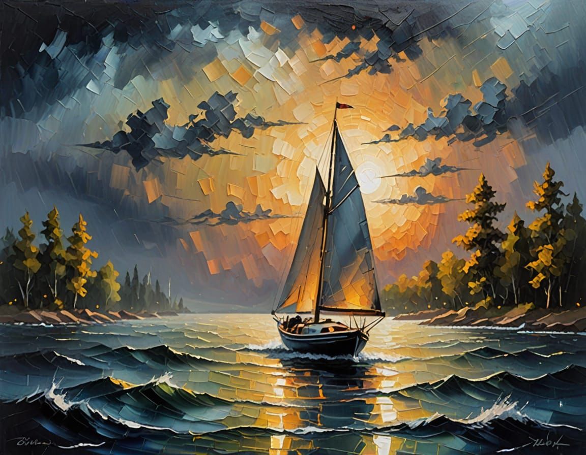 Sailboat on Stormy Seas: Impressionist Oil Painting