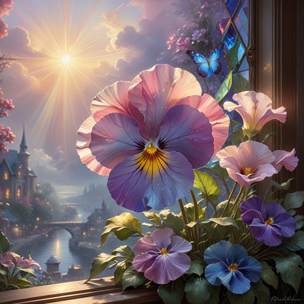 Ethereal Stained Glass Pansy in Golden Hour Light