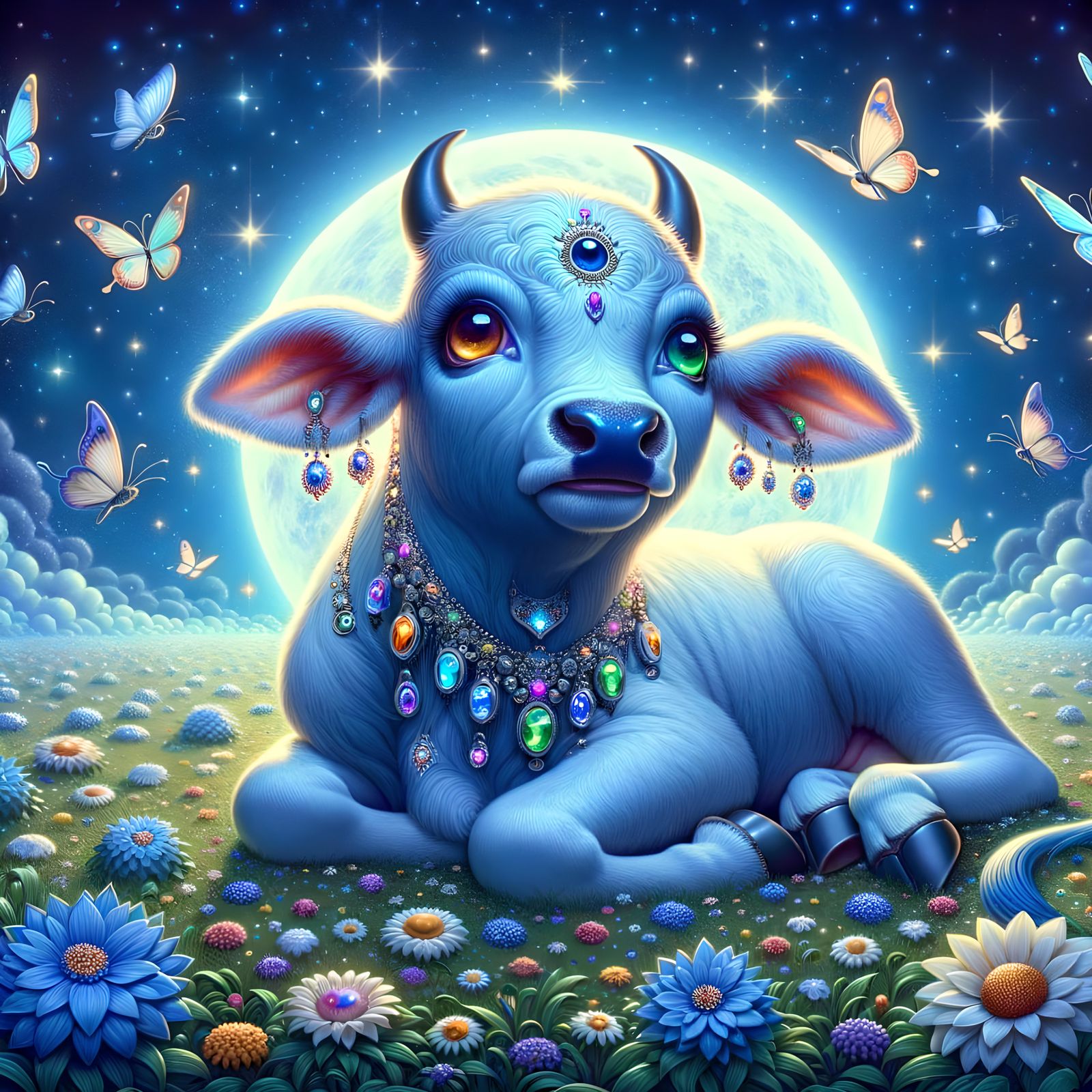 Two-Headed Calf in Starry Meadow, Digital Art