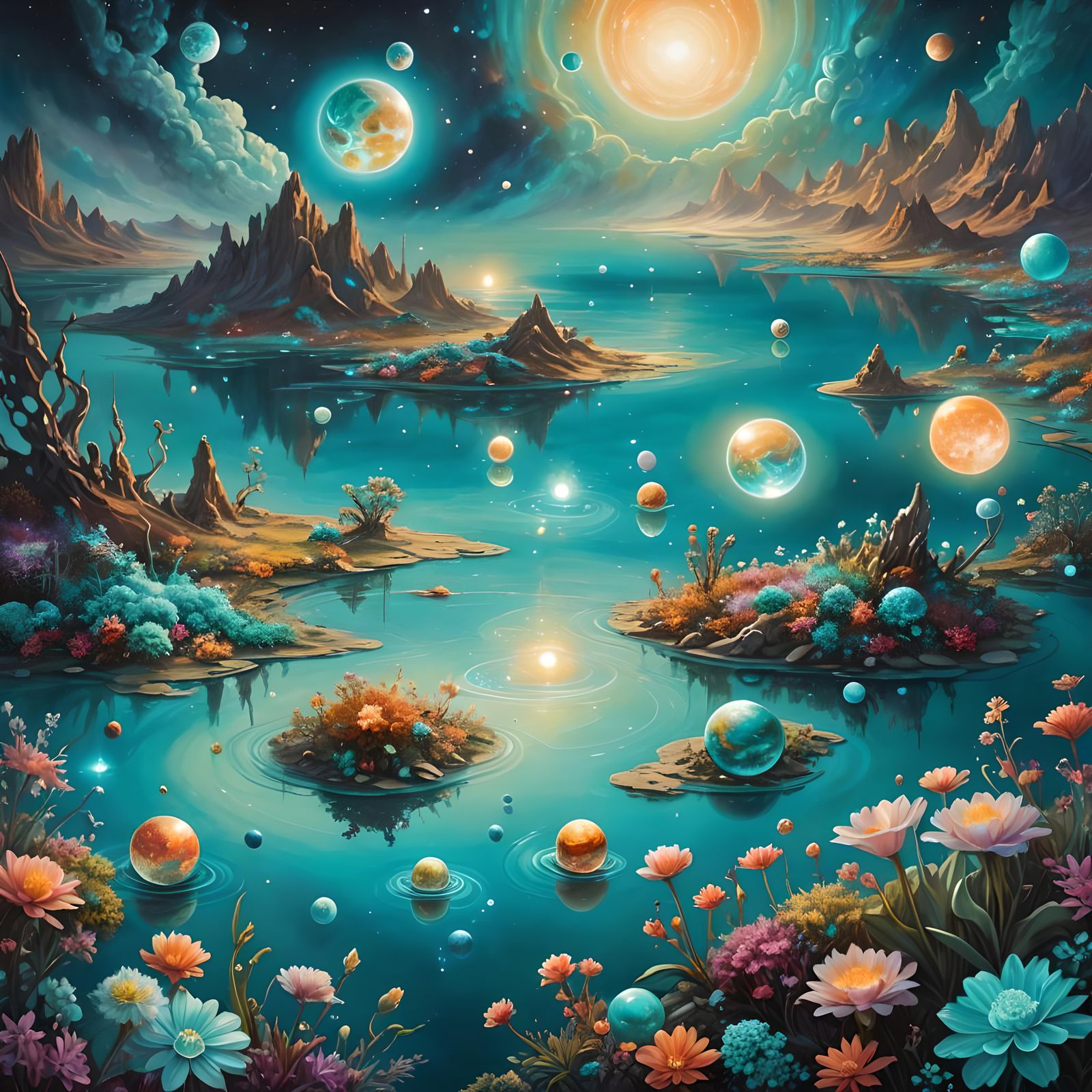 Serene lagoon reflecting celestial nebulae and planets with ...