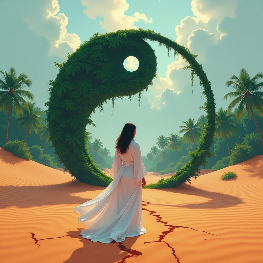 Woman Bridging Desert and Rainforest in Yin Yang Design
