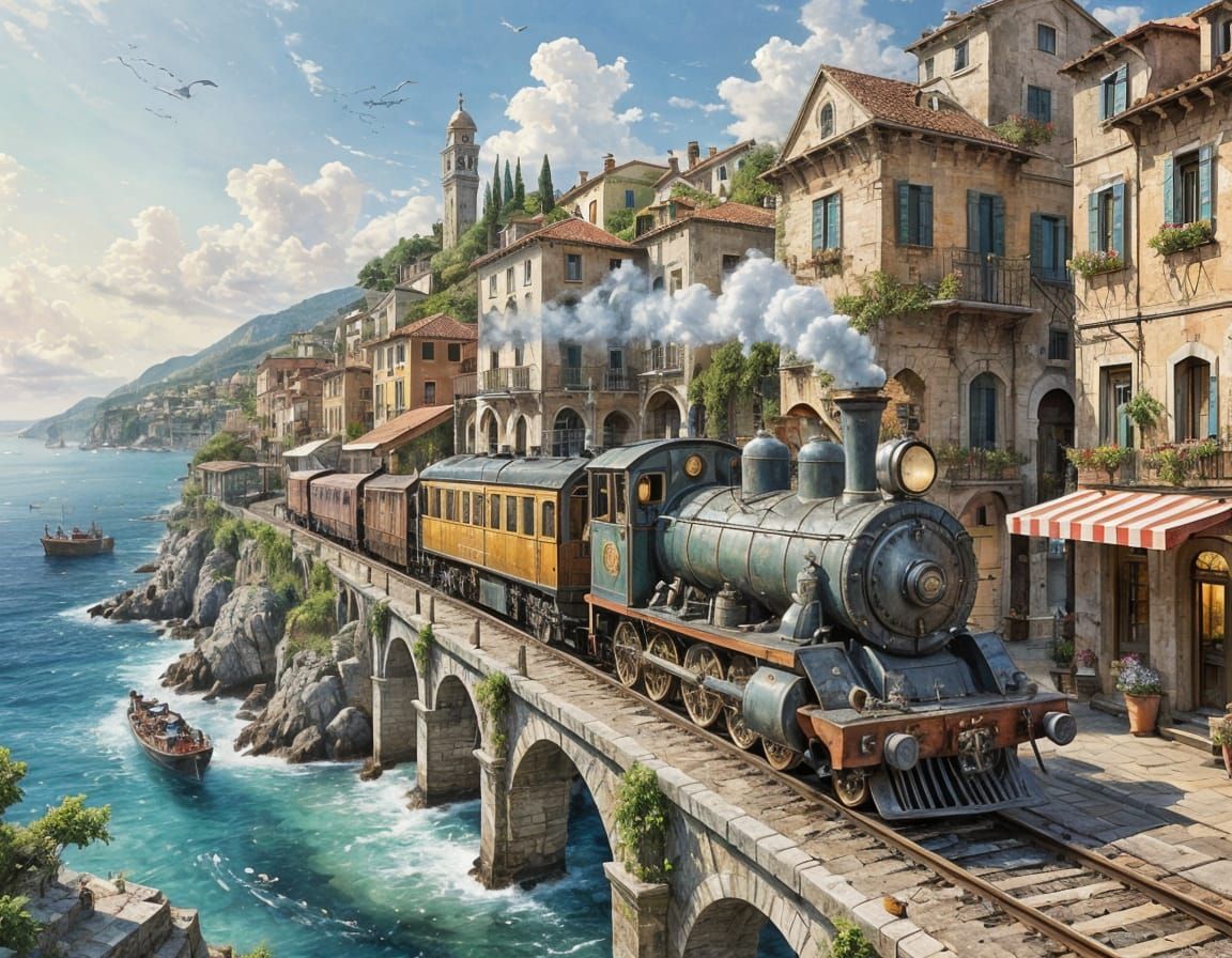 Romantic Italian Train Chugs Through Seaside Village in Stea...