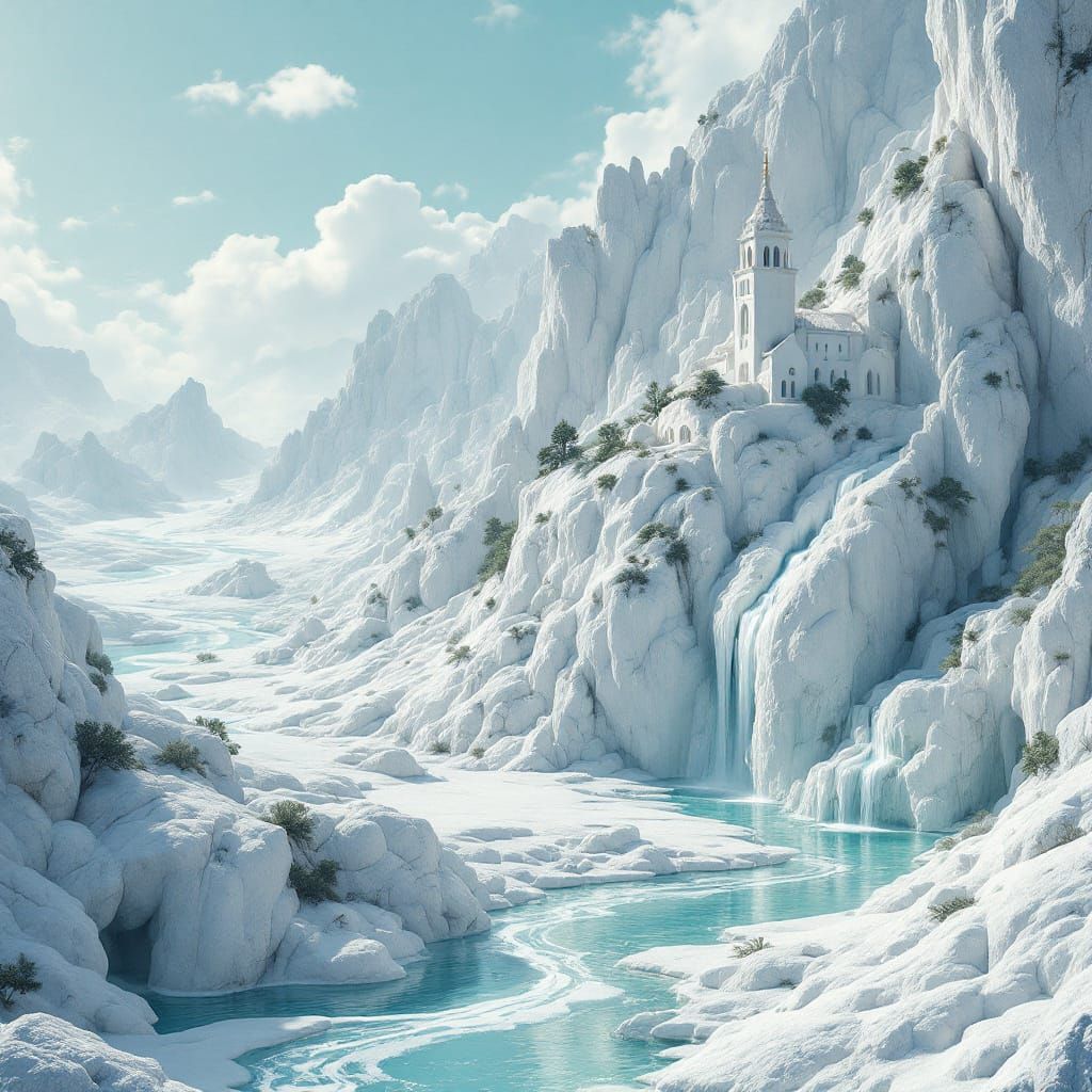 Ethereal White Quartz Landscape with Turquoise Rivers