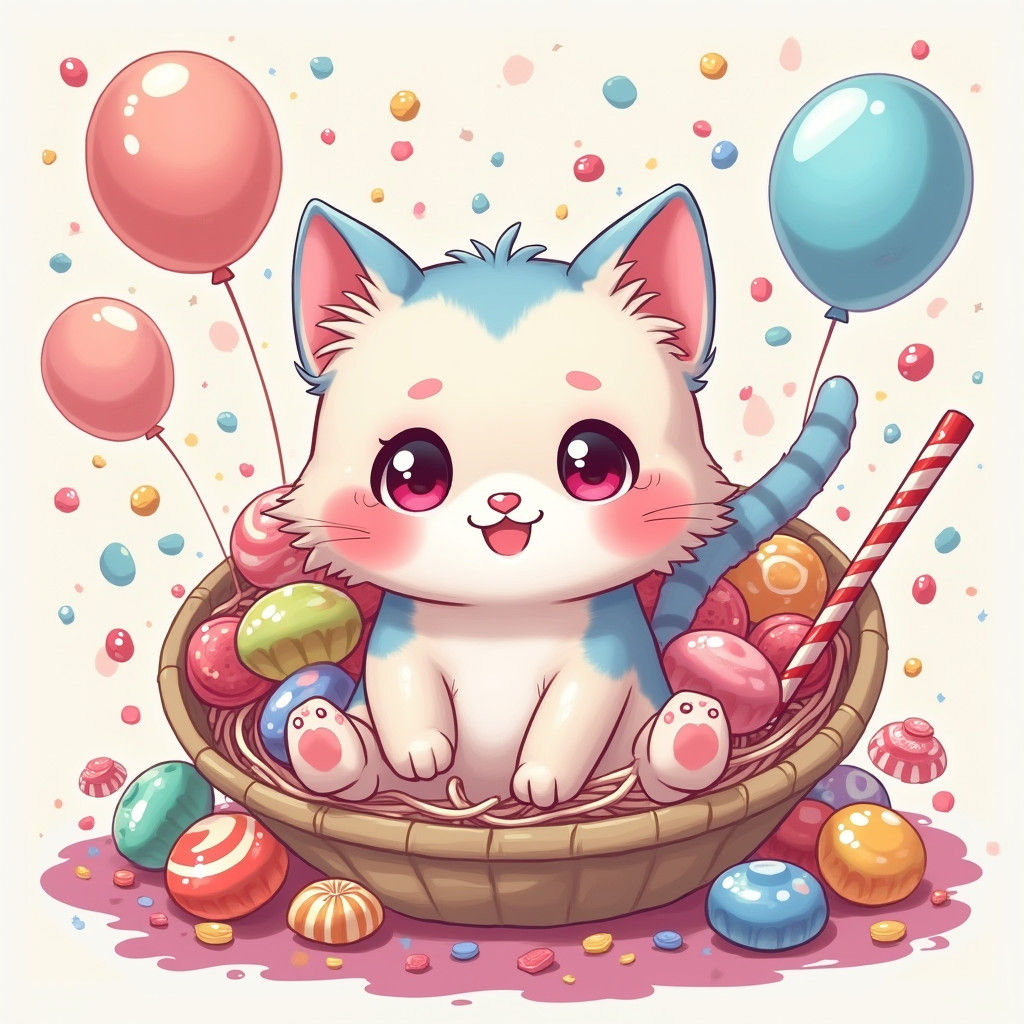 Kawaii Neko Surrounded by Japanese Sweets in Anime Style