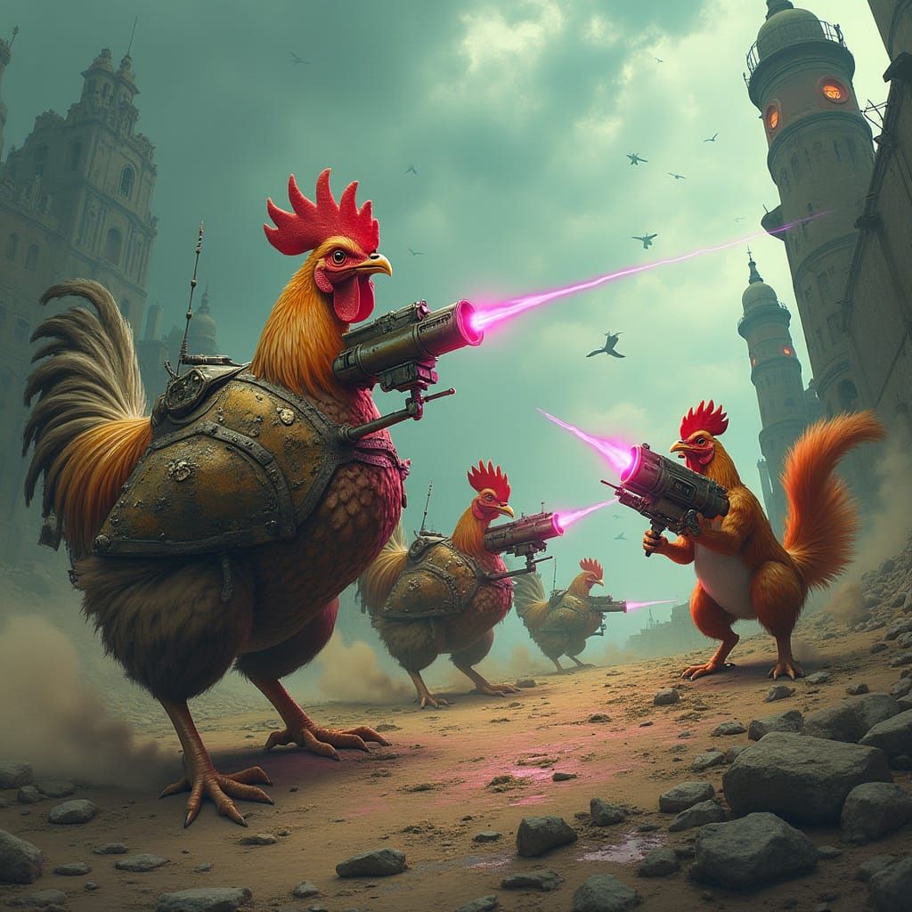 Cyberpunk Chickens Engage Fierce Battle with High-Tech Squir...