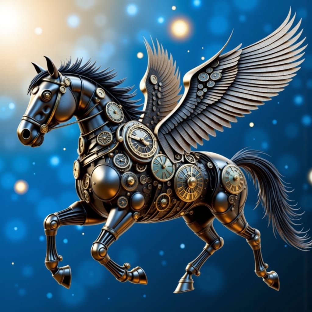 Clockwork Horse with Wings Gallops Through Surreal Sky